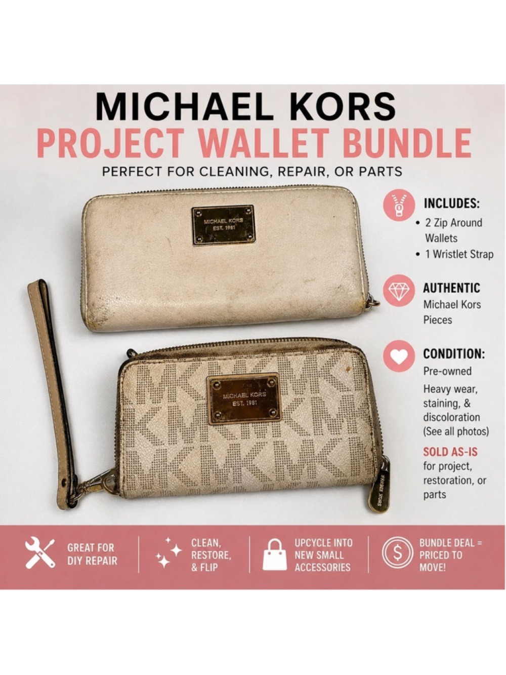 Michael Kors Wallet Bundle Project Lot Zip Around Wristlet MK Logo Parts Repair